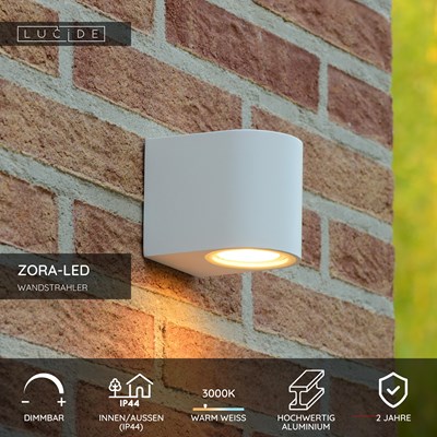 Lucide ZORA-LED - Wandstrahler / Wandleuchte Innen/Außen - LED Dim. - GU10 - 1x5W 3000K - IP44 - Weiß
